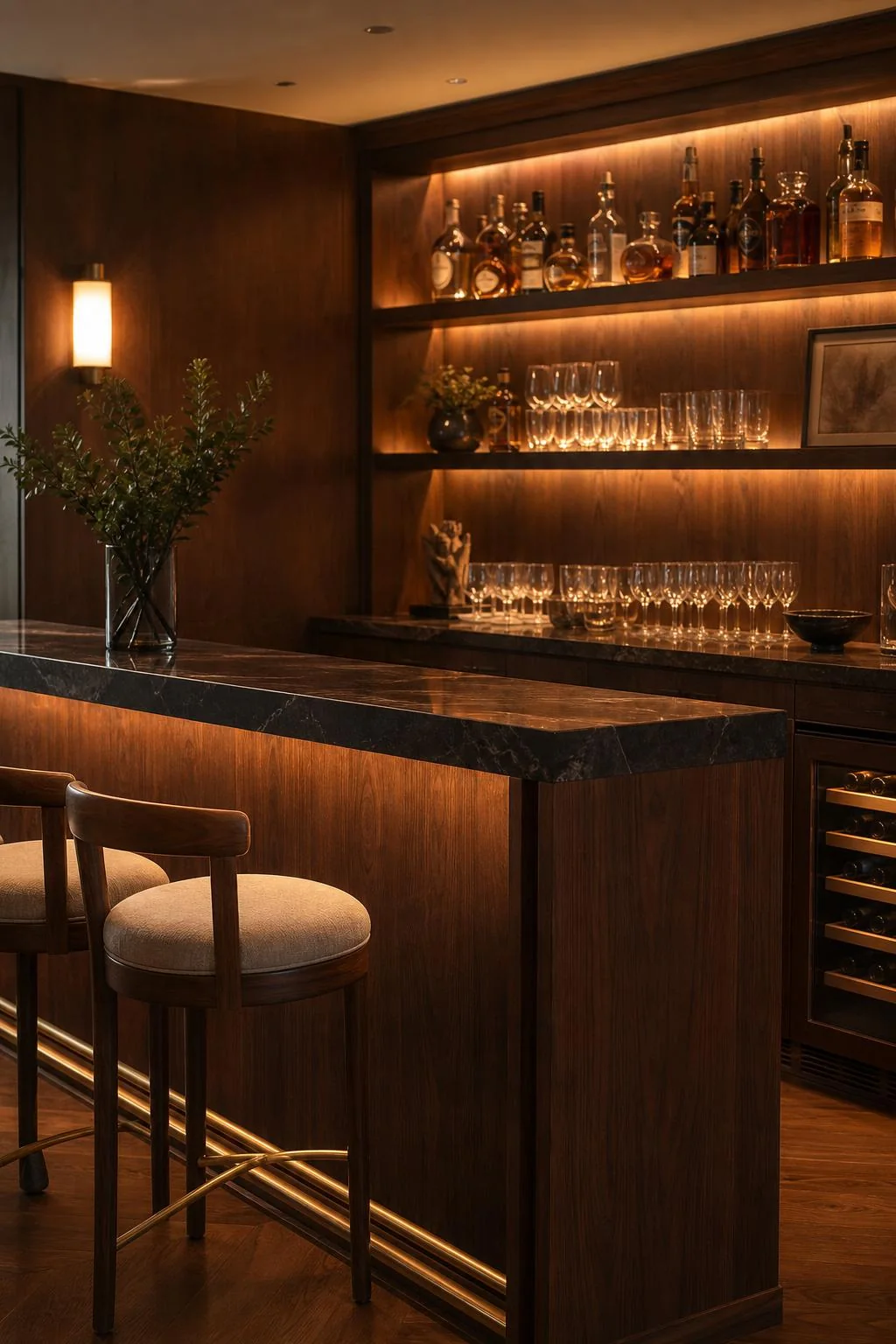Bar de madera de nogal con vitrina iluminada, cava y barra de piedra