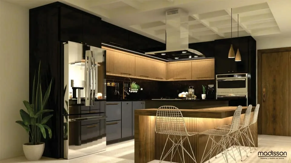 Cocina contemporánea en nogal, laca negra e isla con barra